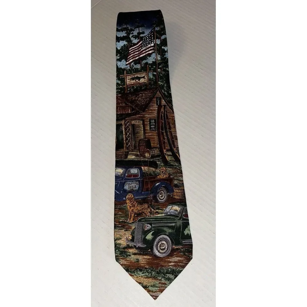 VTG Americana Series Back Country Circa 1936 Silk Tie Fishing Canoe Retrievers‎